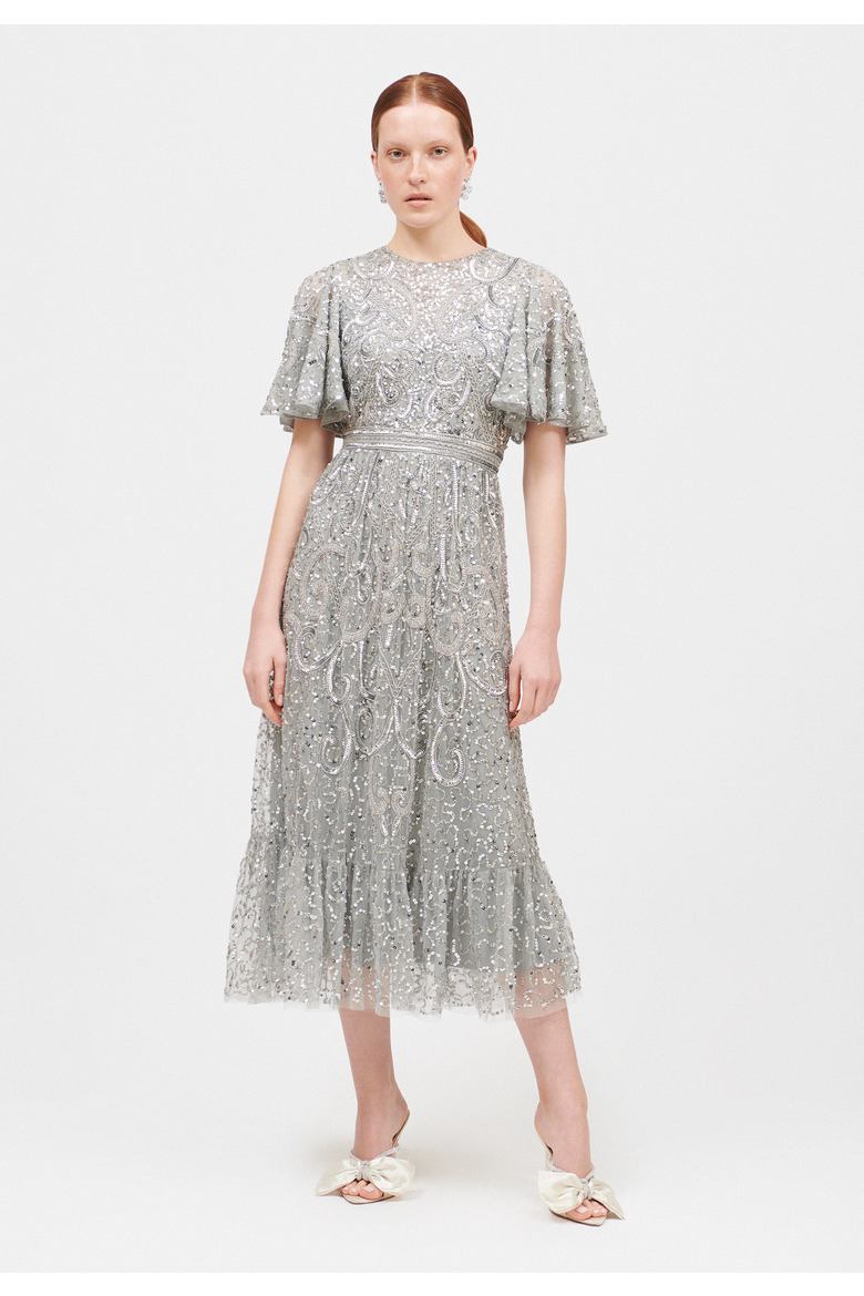 Embellished Sequin Beaded Midi Dress, Main, color, LIGHT GREY