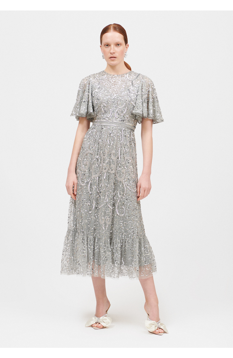 BEAUUT Embellished Sequin Beaded Midi Dress, Main, color, Light Grey