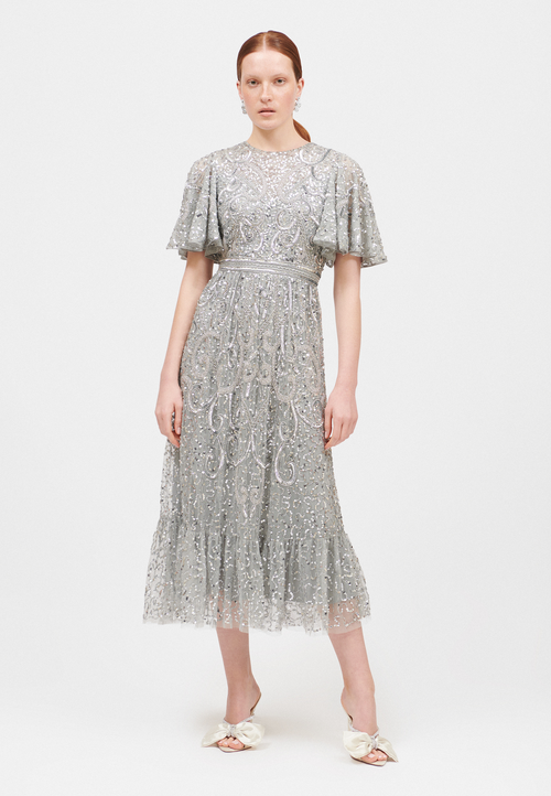Beauut Embellished Sequin Beaded Midi Dress In Gray