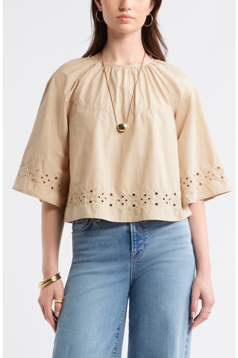 Eyelet Embroidered Poplin Swing Top, Main, color, BEIGE HUMUS