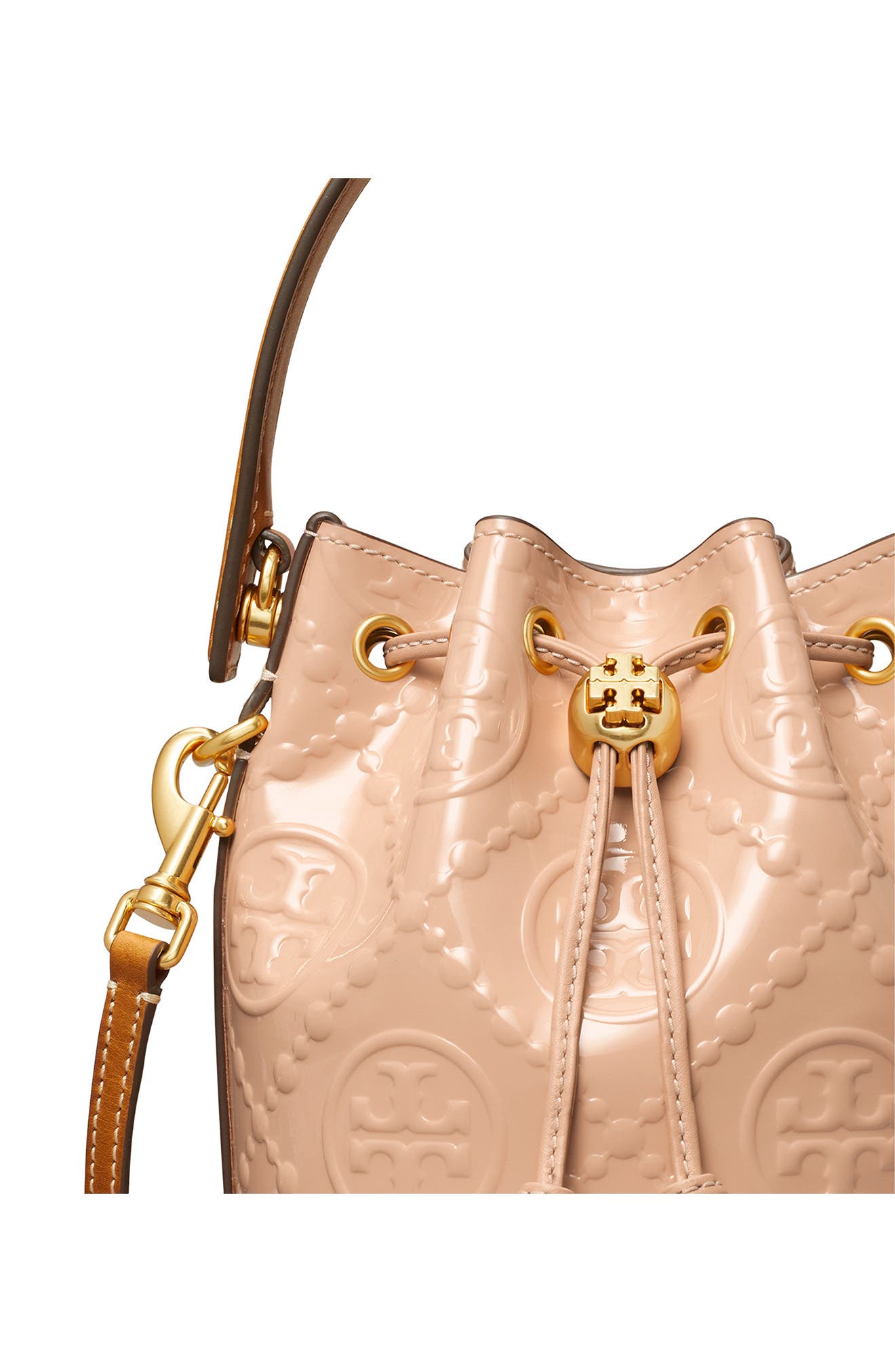 Tory Burch Mini T Monogram Embossed Patent Leather Bucket Bag, Alternate, color, 