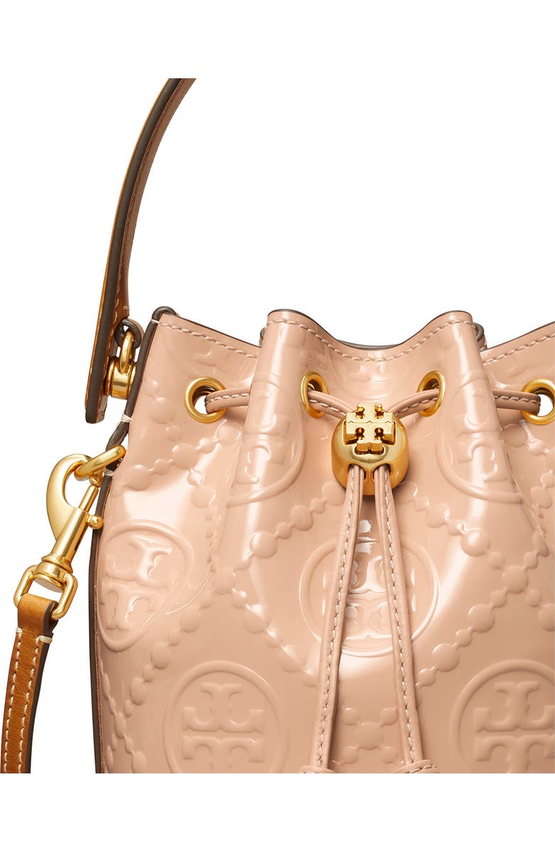 Tory Burch Mini T Monogram Embossed Patent Leather Bucket Bag, Alternate, color,
