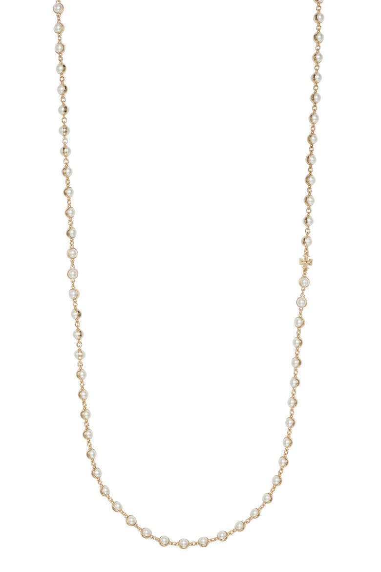 Moondance Faux Pearl Long Necklace, Main, color, LIGHT BRASS / PEARL