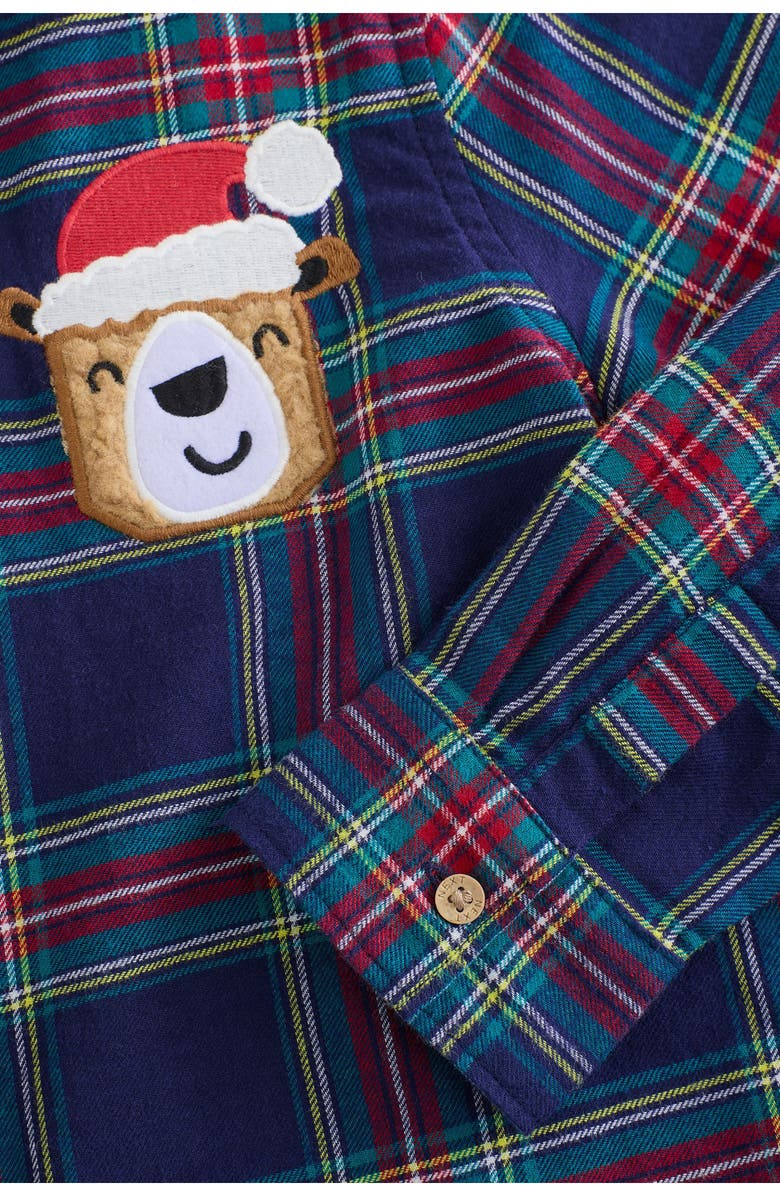 NEXT Kids' Plaid Santa Bear Appliqué Cotton Button-Up Shirt, Alternate, color, Blue