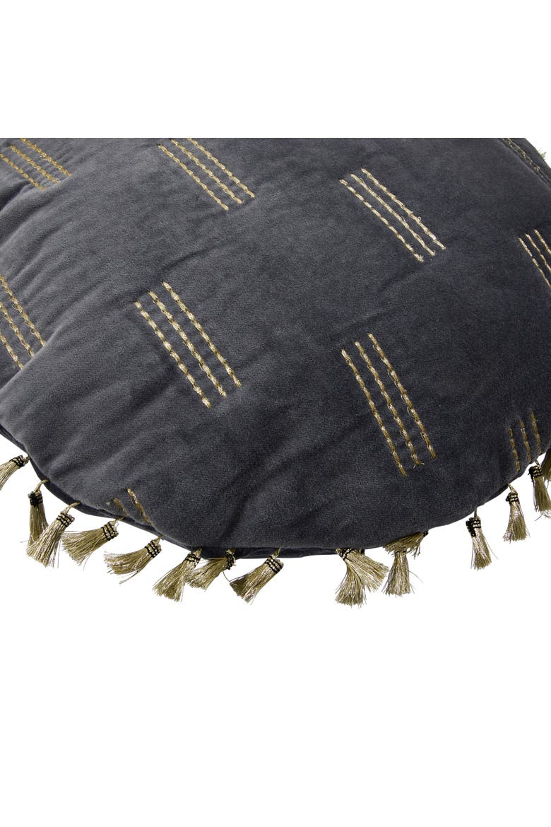 Cotton Velvet Pillow with Metallic Embroidery and Tassels, Alternate, color, Blue