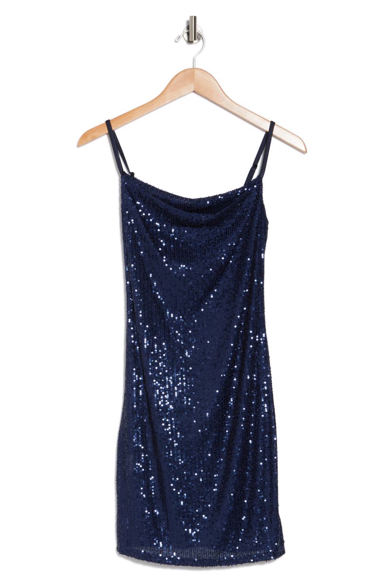 bebe Cowl Neck Sequin Minidress, Alternate, color, Navy