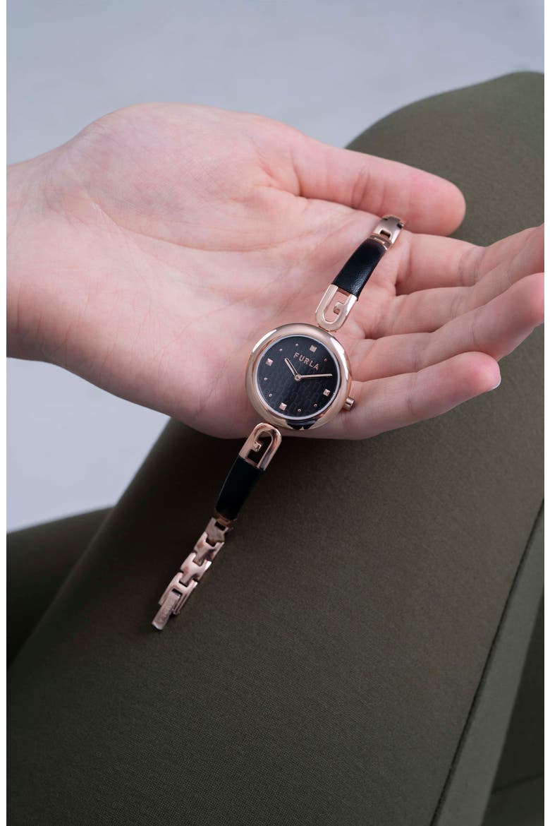 Bangle Leather Strap Watch, 28mm, Alternate, color, ROSE GOLD/ BLACK/ BLACK