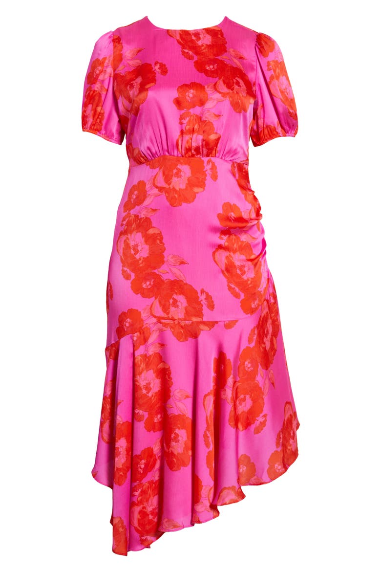 Lailah Floral Balboa Asymmetric Midi Dress, Alternate, color, MAGENTA RED