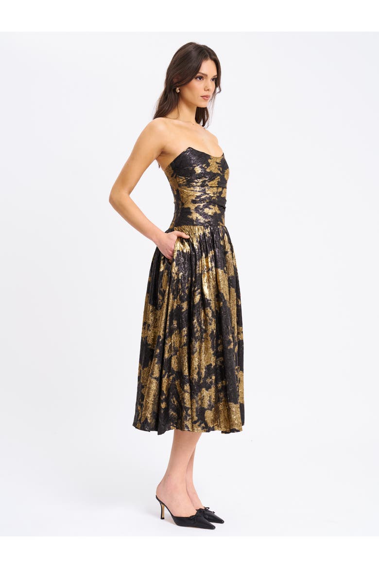 Saanvi Strapless Drop Waist Midi Dress, Alternate, color, Gold Bronzing Tie-Dye