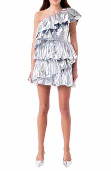 One-Shoulder Metallic Tiered Minidress