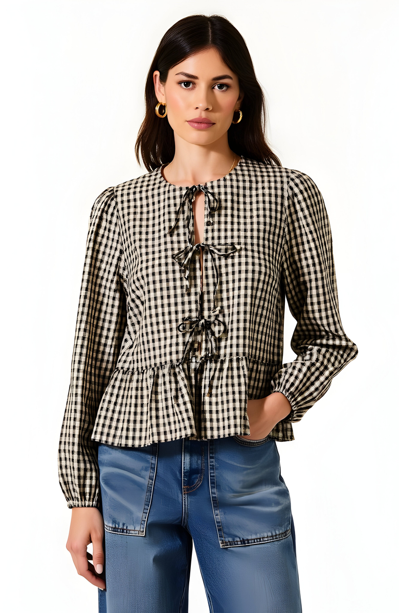 Modenaire Gingham Peplum Blouse with Front Tie and Ruffle Hem, Main, color,