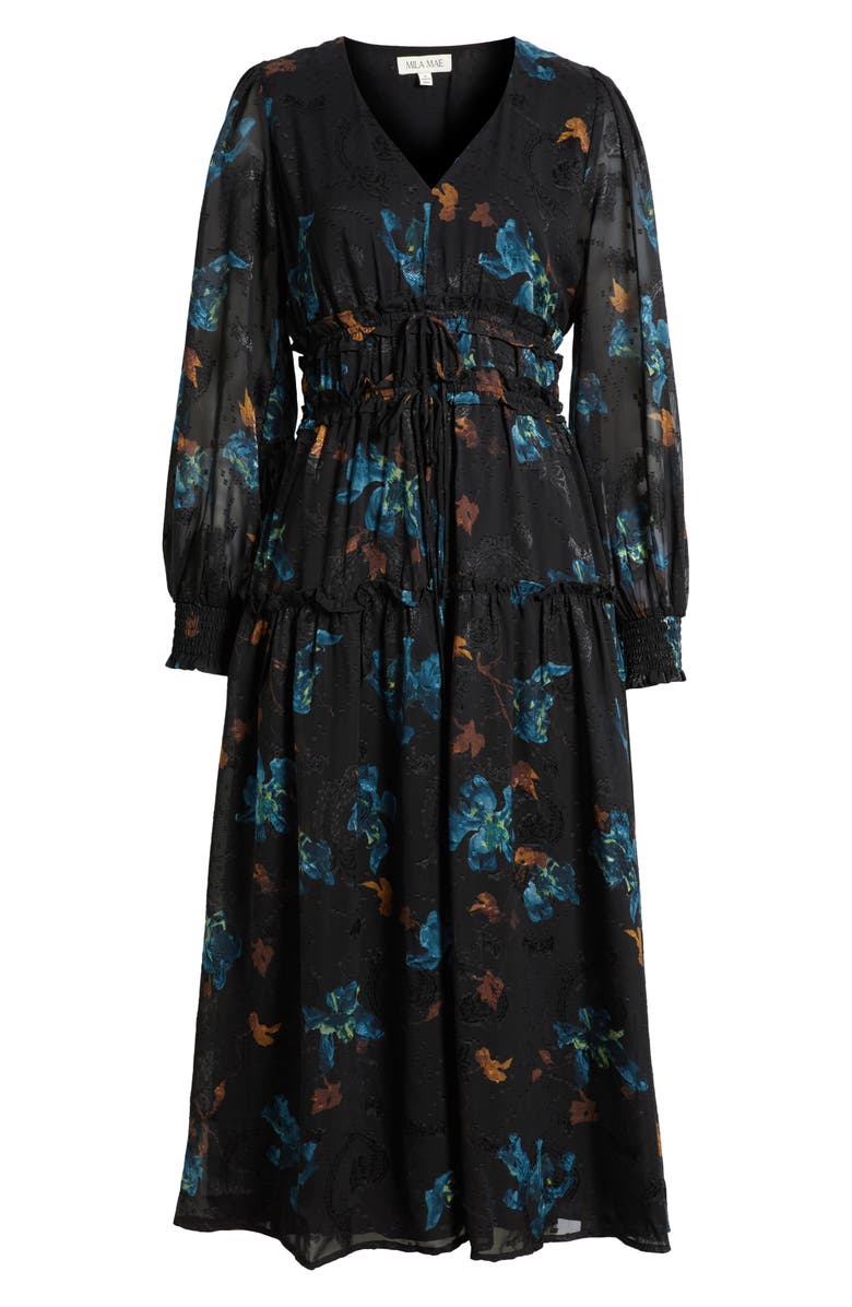Mila Mae Floral Tiered Long Sleeve Tie Detail Midi Dress, Alternate, color, 