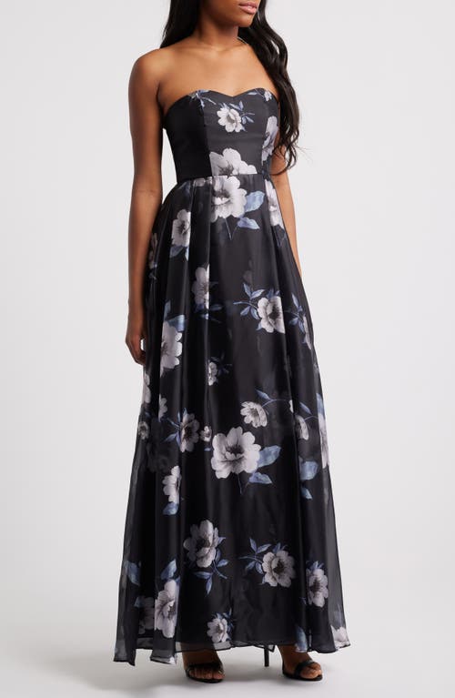 Lulus Floral Strapless Organza Gown in Black/White/Blue 