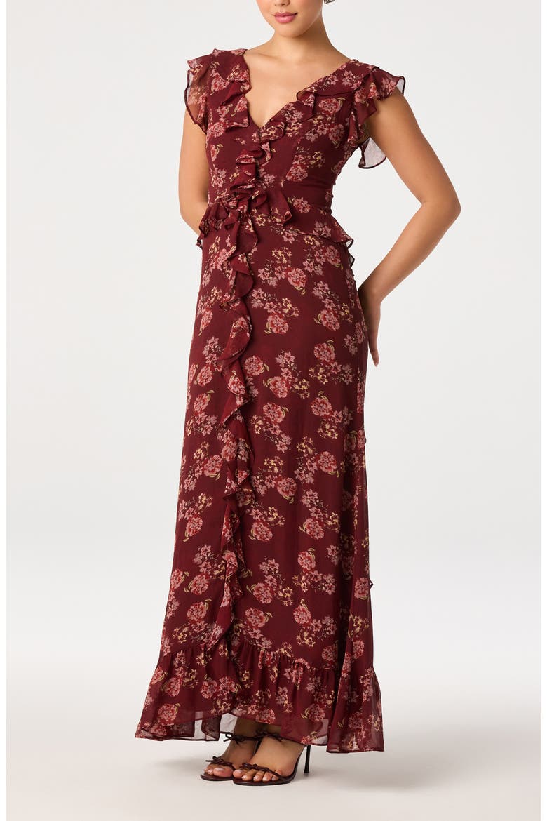 Joana Floral Ruffle Maxidress, Alternate, color, WINE FLORAL