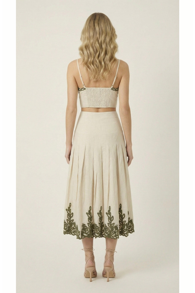 Embroidered Crop Top and Pleated Midi Skirt Set, Alternate, color, Ivory / Olive Embroidery