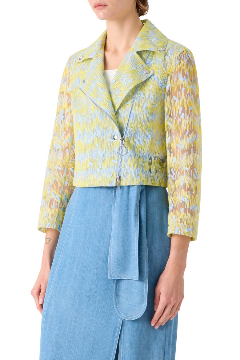 Scribble Embroidered Sheer Tulle Biker Jacket, Alternate, color, LEMON ZING-SKY BLUE