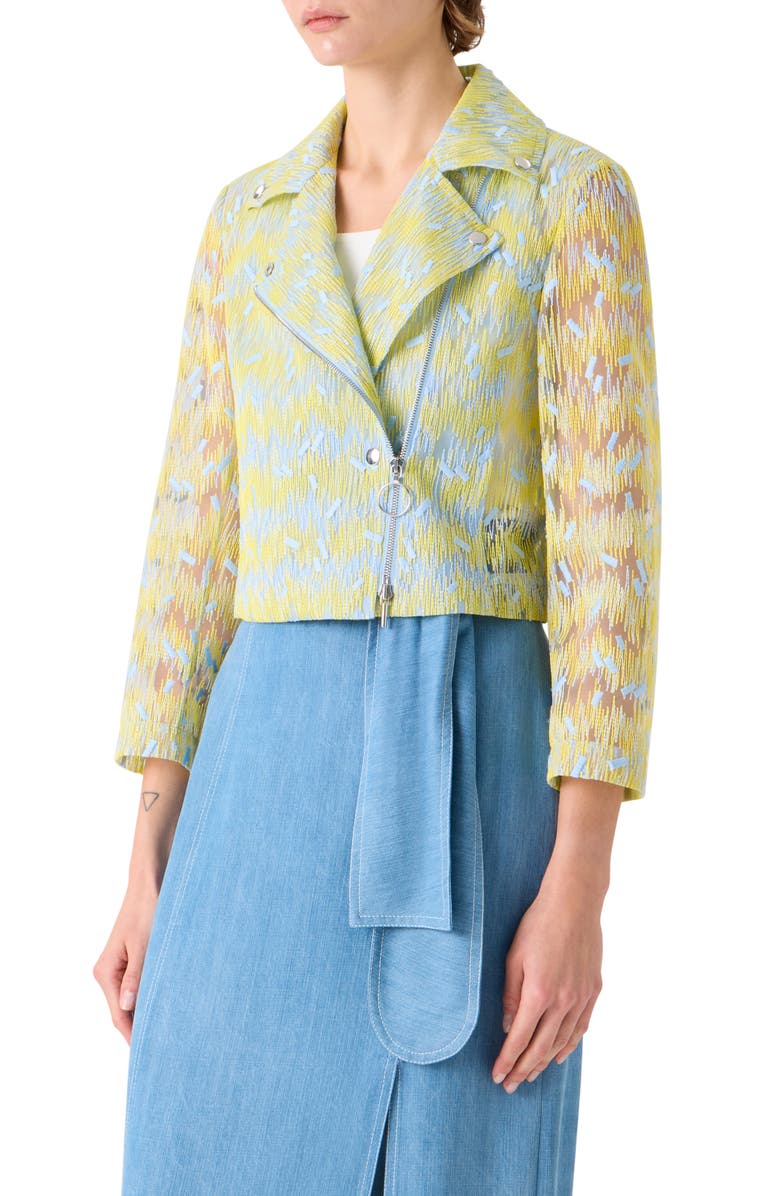 Akris punto Scribble Embroidered Sheer Tulle Biker Jacket, Alternate, color, Lemon Zing-Sky Blue