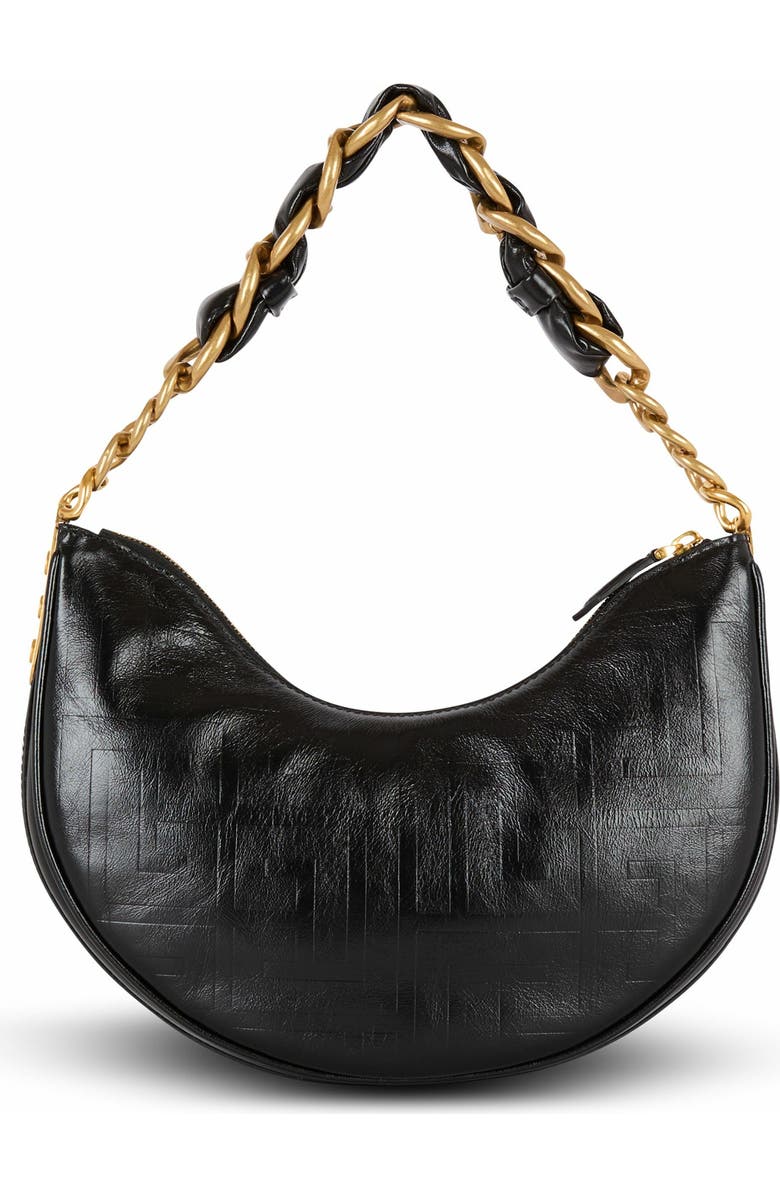 Balmain 1945 Soft Moon Bag In Crinkled Calfskin Leather Embossed With A Pb Labyrinth Monogram, Alternate, color,