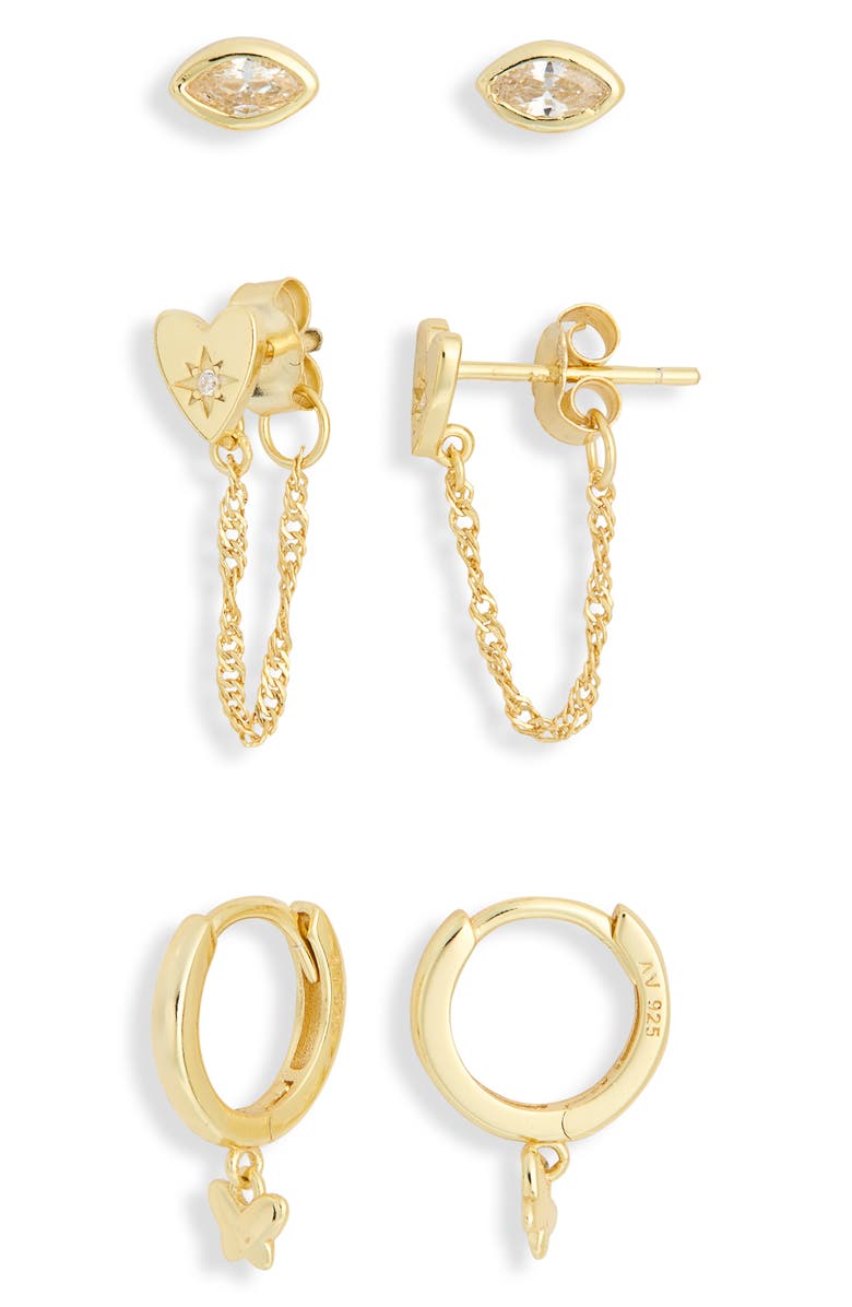 ARGENTO VIVO Set of 3 Stud & Huggie Hoop Drop Earrings, Alternate, color, Gold