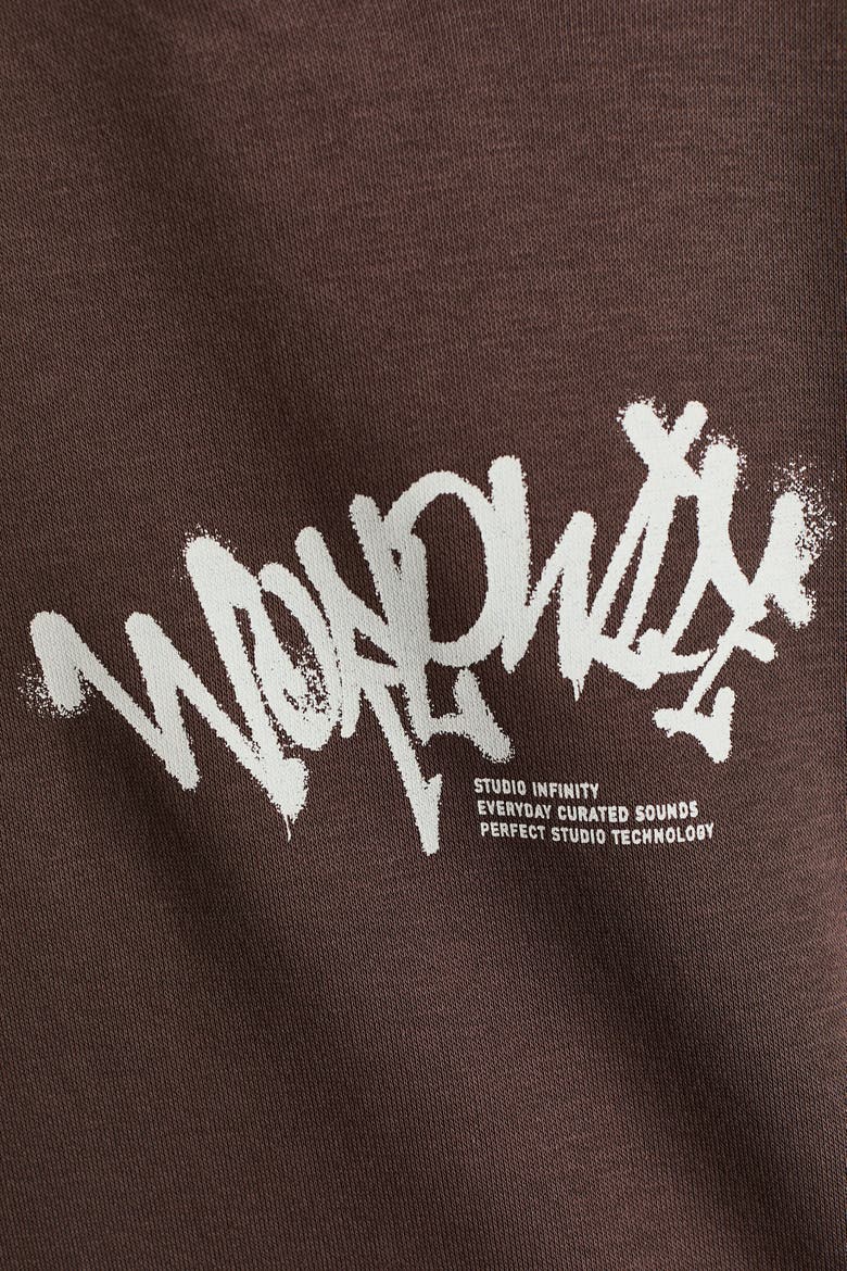 Print-Motif Brushed-Inside Hoodie, Alternate, color, Dark brown/Worldwide