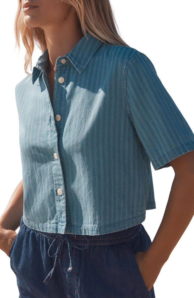 NEXT Striped Boxy Denim Button-Up Shirt, Main, color, Blue