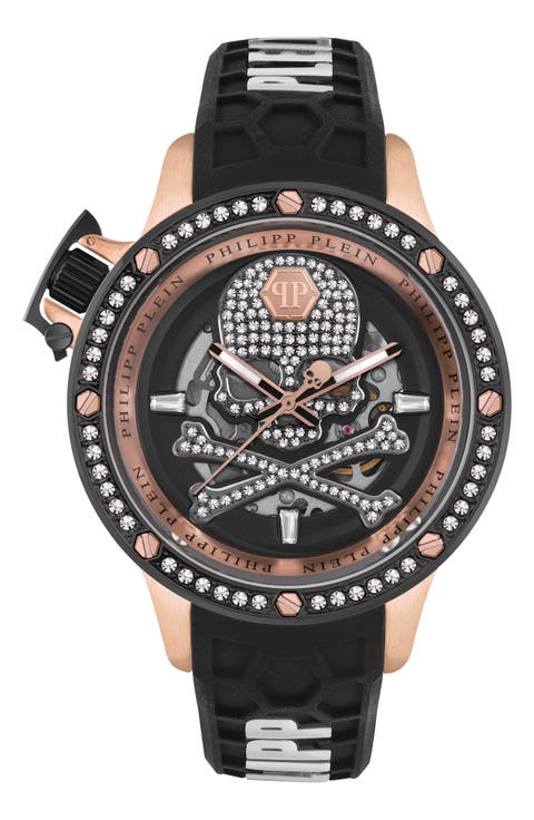 Rich Skeleton Silicone Strap Watch, 46mm