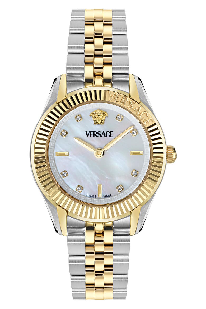Greca Time Diamond Bracelet Watch, 30mm, Main, color, WHITE/ TWO TONE