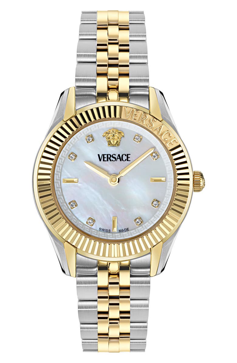Versace Greca Time Diamond Bracelet Watch, 30mm, Main, color, White/ Two Tone