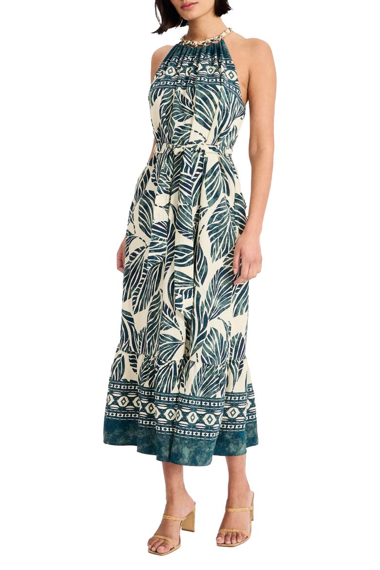 Print Tie Back Sleeveless Midi Dress, Alternate, color, NAVY/ GREEN