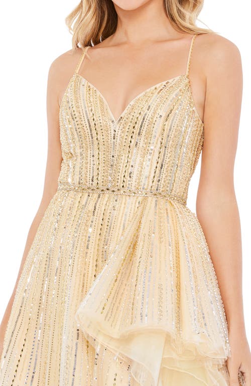 Mac Duggal Embellished Sleeveless Draped A Line Gown In Gold Silver