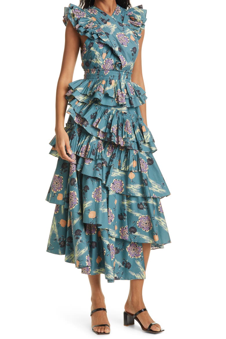 Aurore Floral Ruffle Cotton Dress, Main, color, RIVER