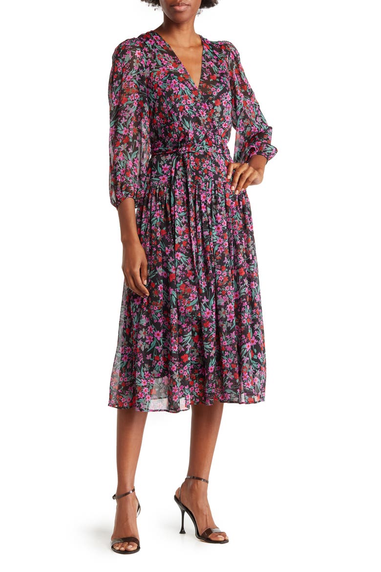 Ditsy Floral Print Tie Waist Dress, Main, color, BLACK MULTI