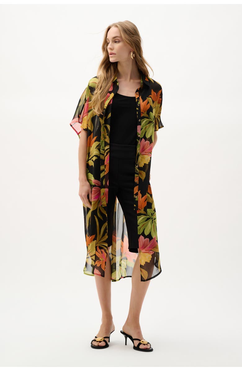 JOSEPH RIBKOFF Chiffon Tropical Print Straight Blouse, Alternate, color, Black/Multi