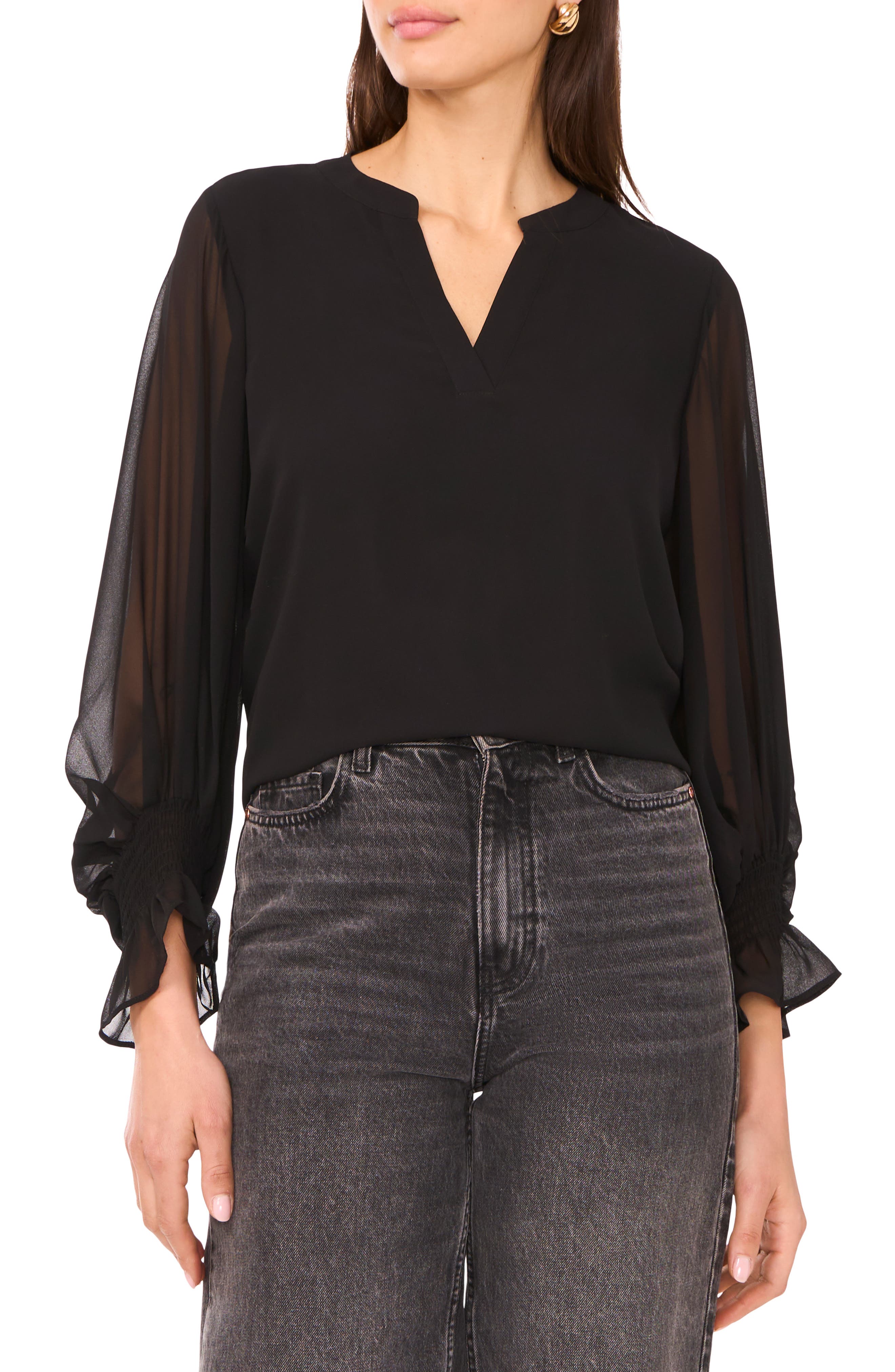 Vince Camuto Ruffle Cuff Split Neck Top