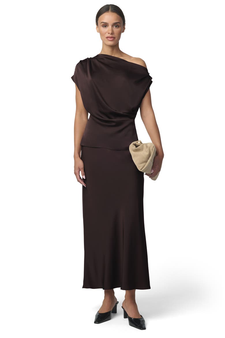The Isla Drape One-Shoulder Satin Top, Alternate, color, ESPRESSO
