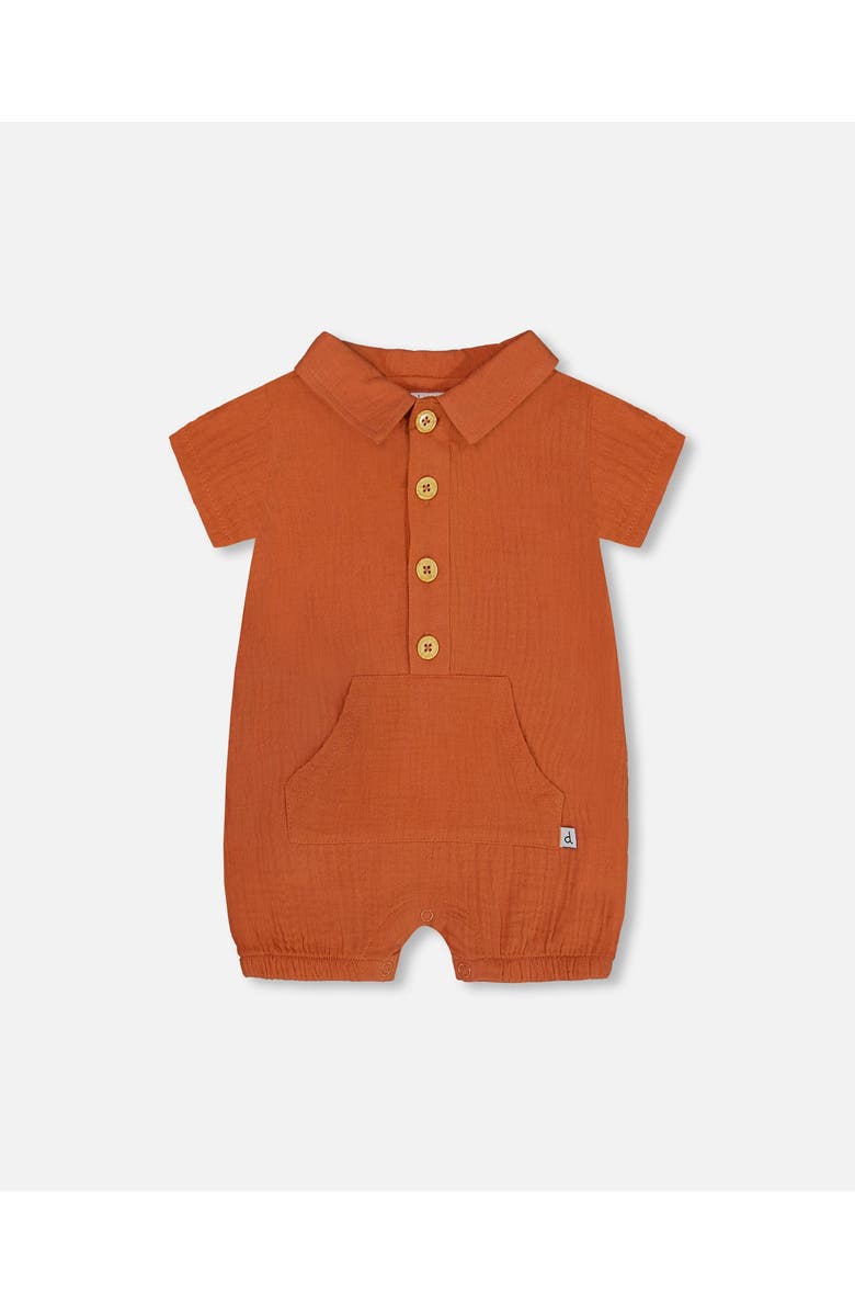Deux par Deux Baby Boy's Short Sleeve Muslin Romper Terracotta, Main, color, 