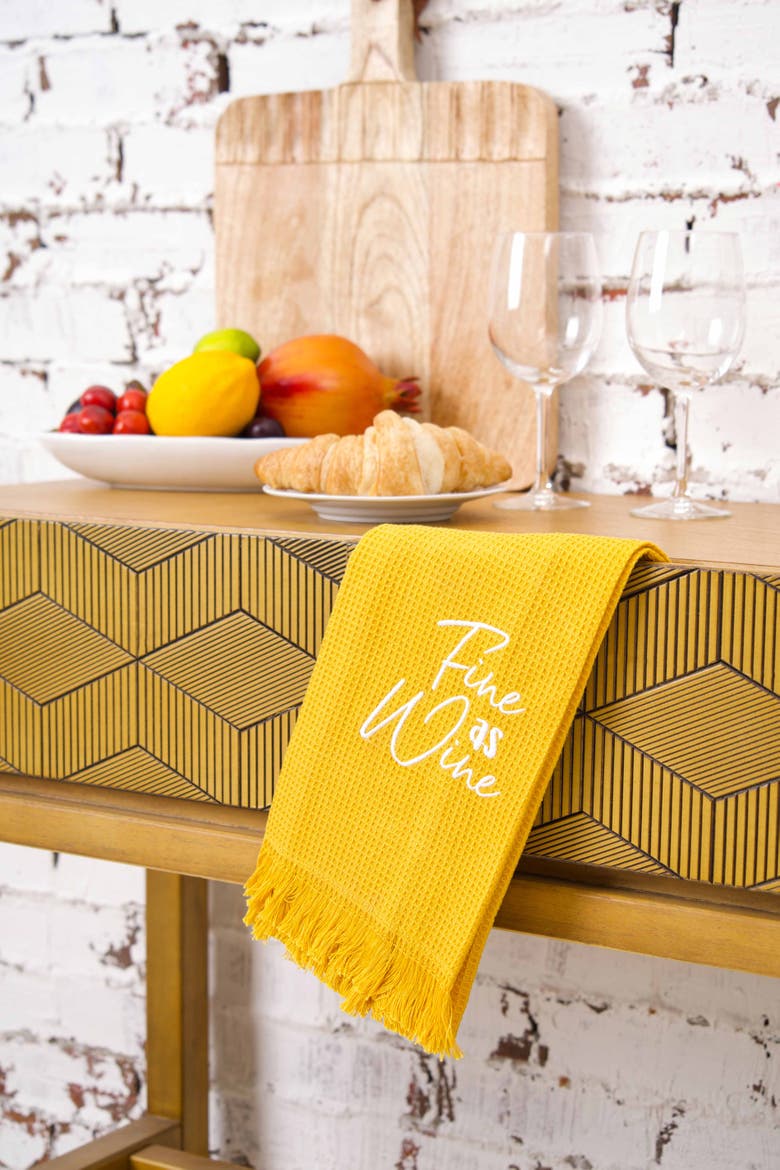 Fine As Wine Embroidered Waffle Weave Cotton Decorative Kitchen Dishtowel, Alternate, color, Yellow