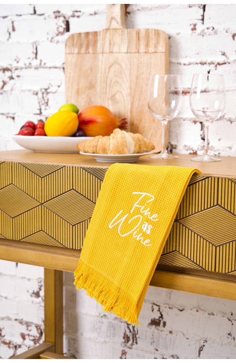 carol & frank Fine As Wine Embroidered Waffle Weave Cotton Decorative Kitchen Dishtowel, Alternate, color, Yellow
