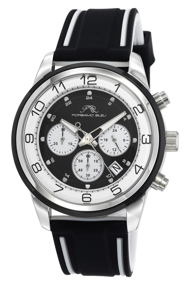 Arthur Chronograph Silicone Strap Watch, 44mm, Main, color, SILVER/BLACK/WHITE