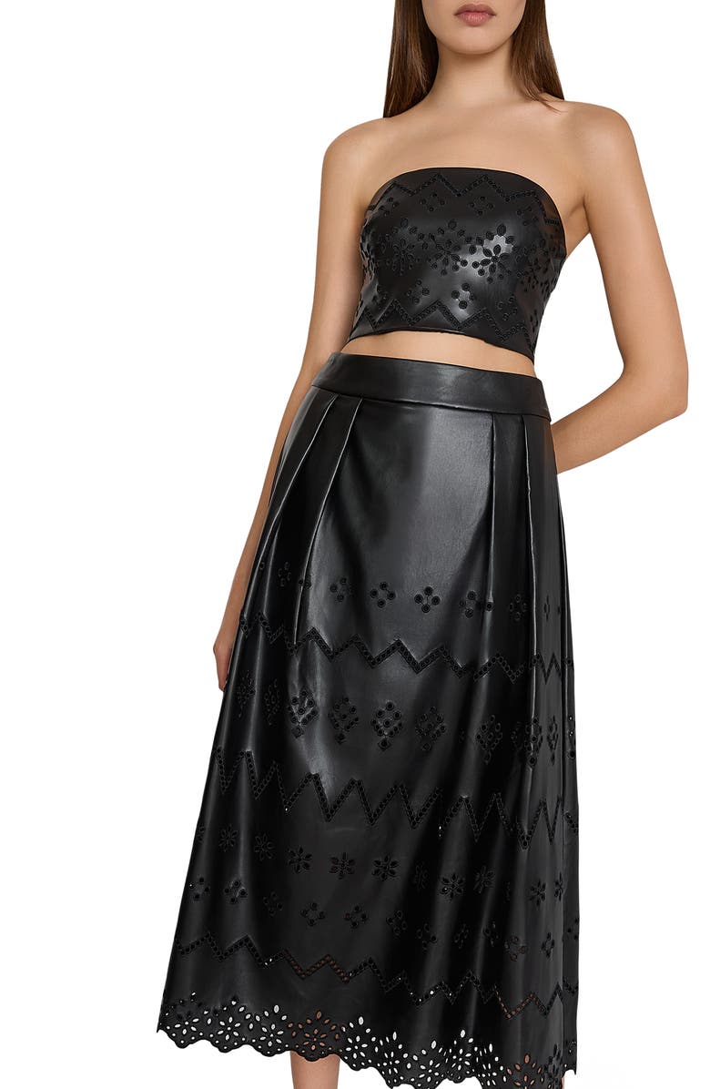 Milly Jolene Embroidered Eyelet Faux Leather Skirt, Alternate, color, Black