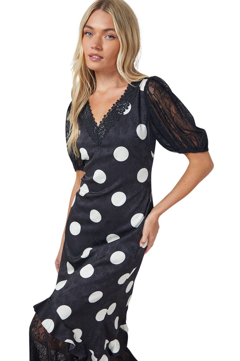Frill Detail Puff Sleeve Midi Dress, Alternate, color, Black
