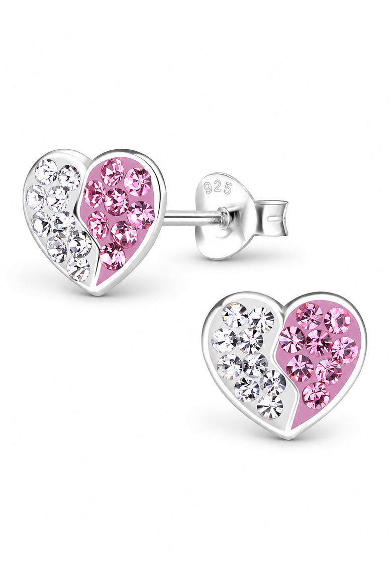 Sterling Silver Stud Earrings Sparkling Pink and White Heart, Main, color, Metallic Silver