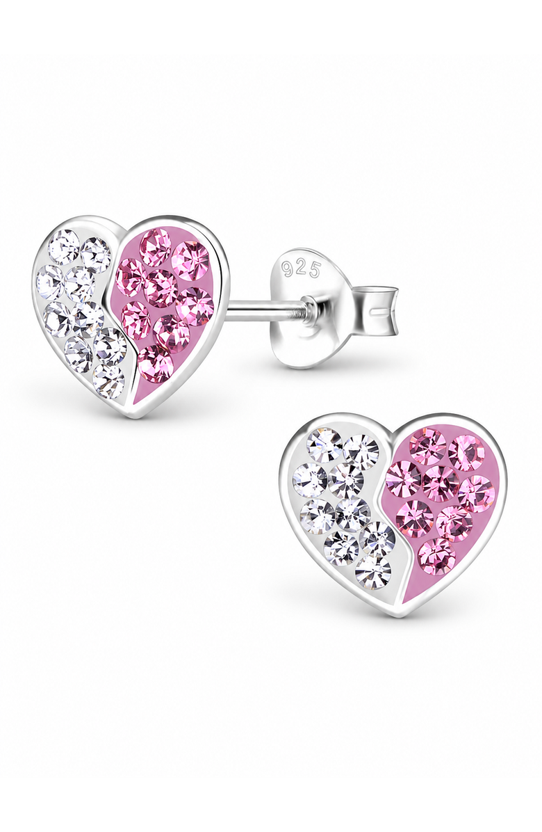 Mia Belle Girls Sterling Silver Stud Earrings Sparkling Pink and White Heart, Main, color, Metallic Silver