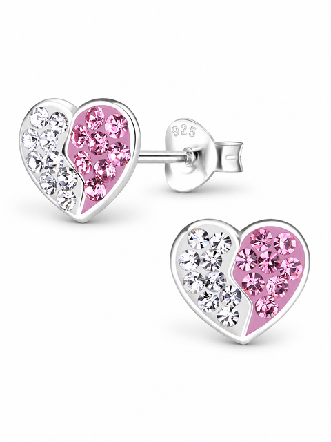 Sterling Silver Stud Earrings Sparkling Pink and White Heart (Toddler, Little Kid & Big Kid)