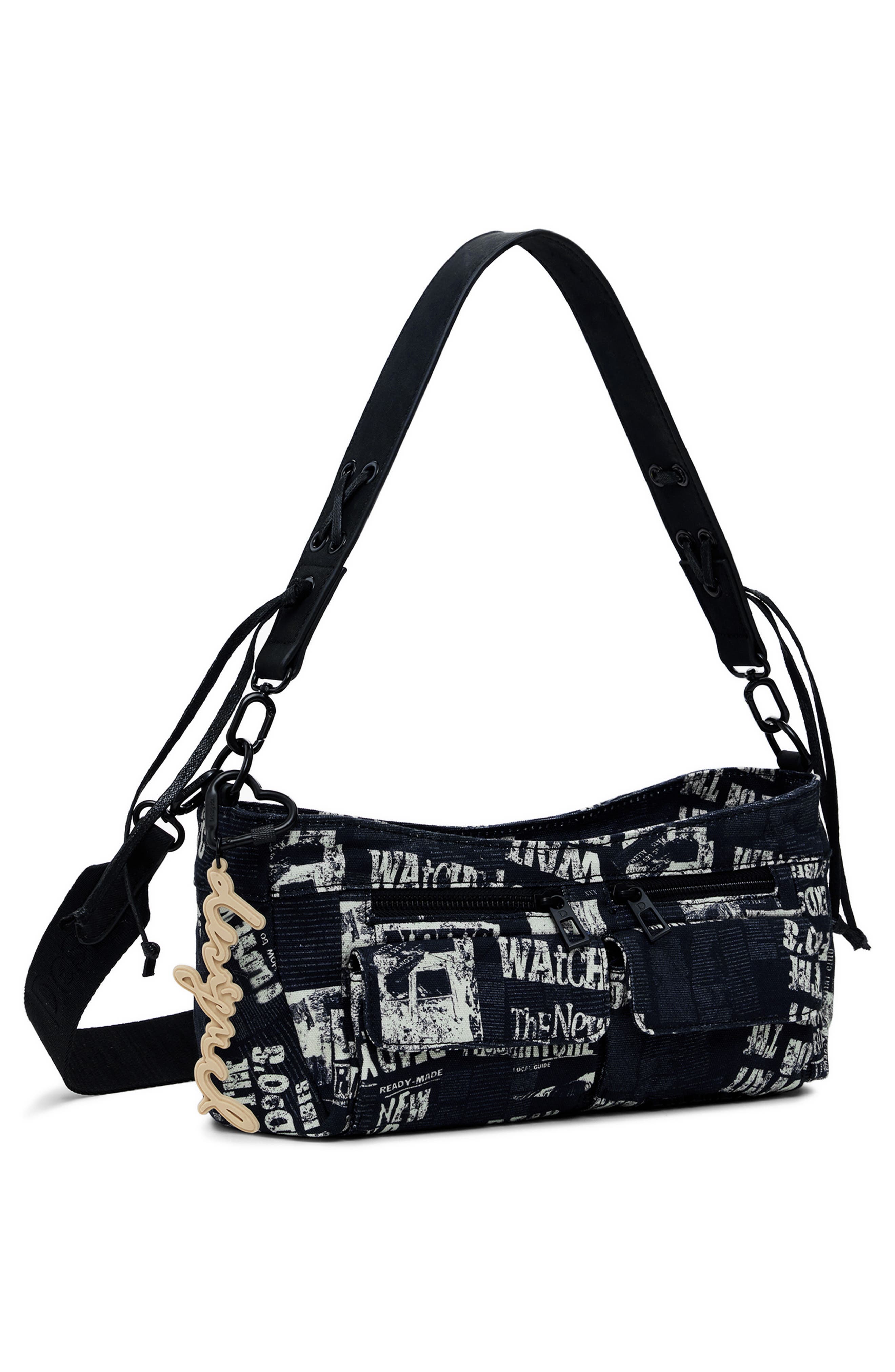 Desigual Cotton Canvas Shoulder Bag, Alternate, color, Black