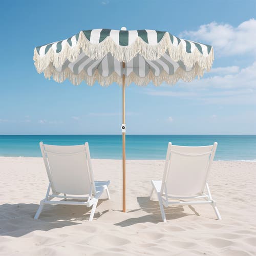 Jonathan Y Mariner 6.5 Ft. Classic Cottage Fringe Tassel Market Beach Umbrella With Push Button Tilt In White