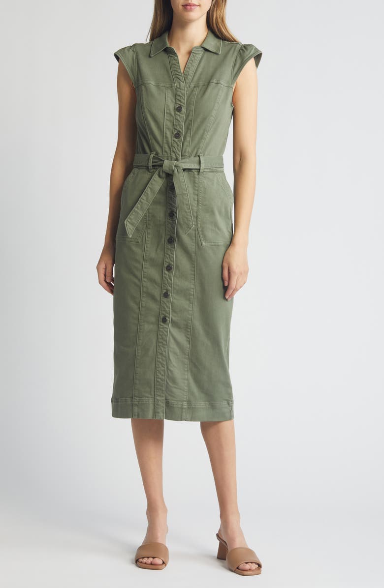PAIGE Jaxsyn Cap Sleeve Stretch Twill Midi Shirtdress, Main, color, Vintage Ivy Green