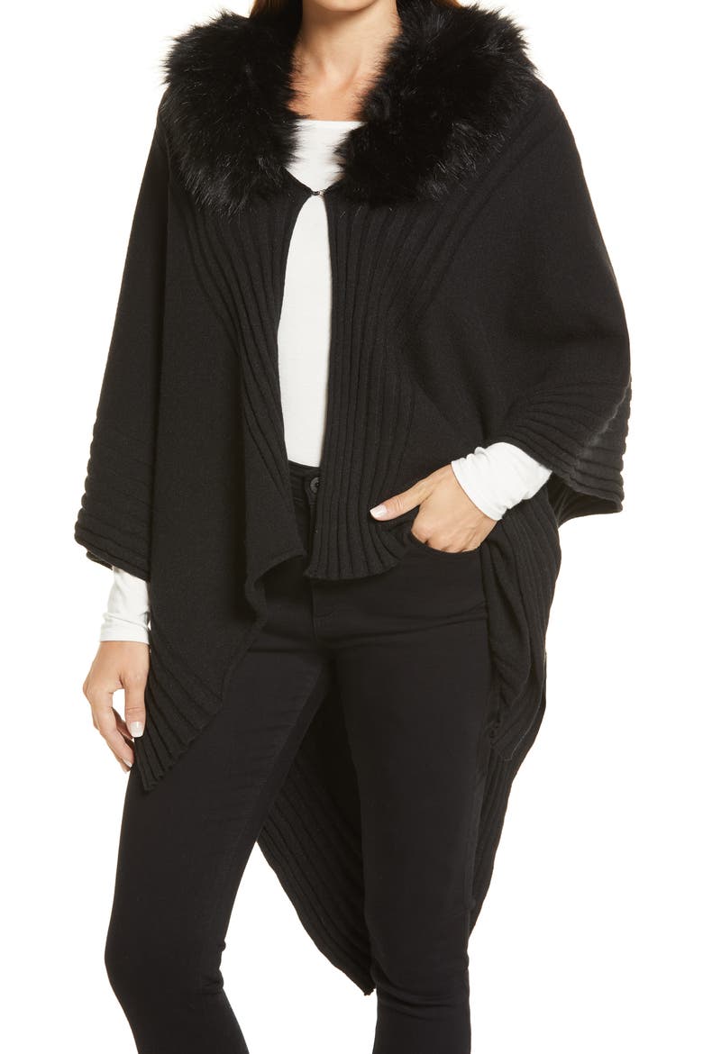 Rib Ruana with Faux Fur Collar, Main, color, BLACK