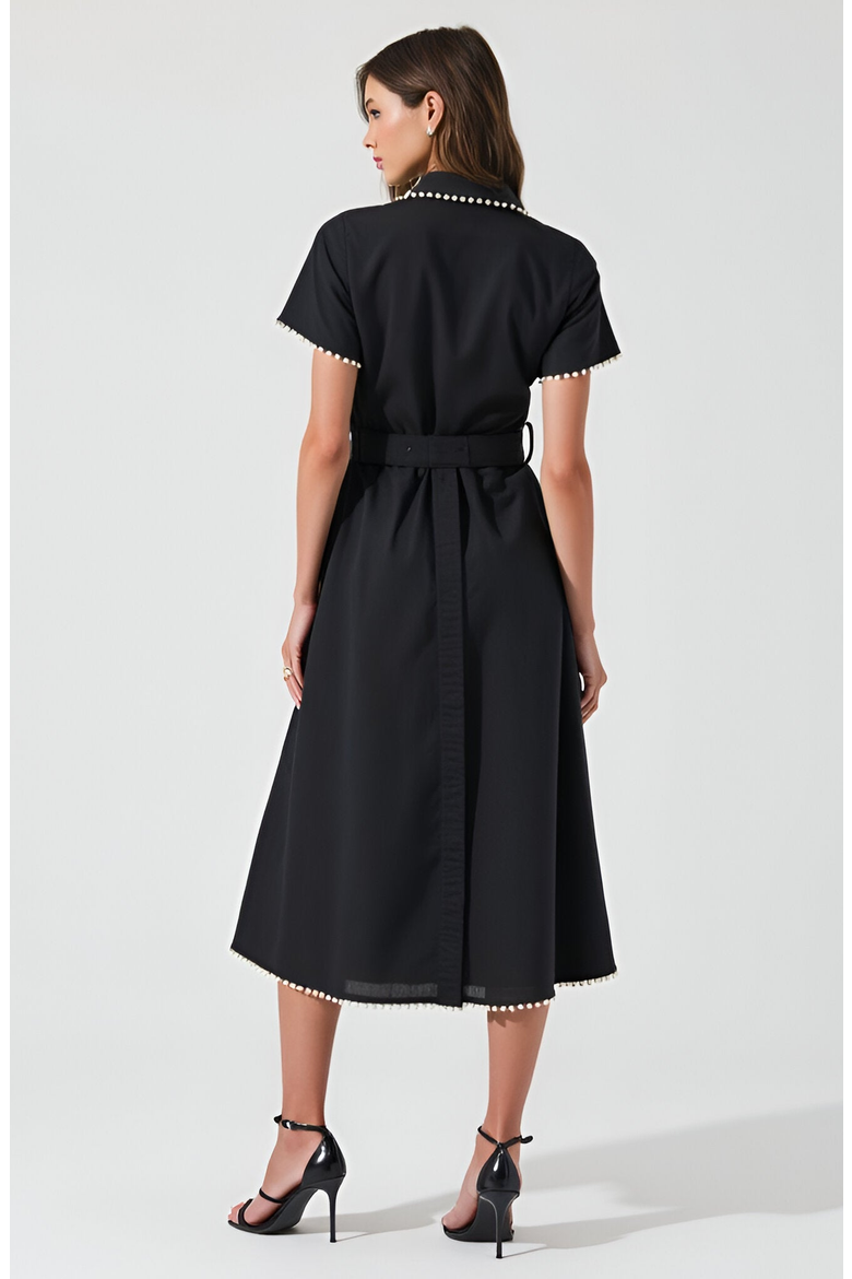 Short Sleeve Collared Midi Dress with Pearl Details and Statement Belt, Alternate, color, Black