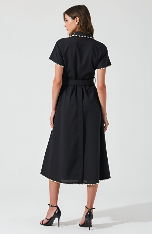 Modenaire Short Sleeve Collared Midi Dress With Pearl Details And Statement Belt In Black